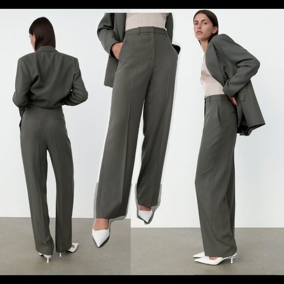 ZARA khaki green high waisted menswear pants Sz L NWT - Picture 2 of 10